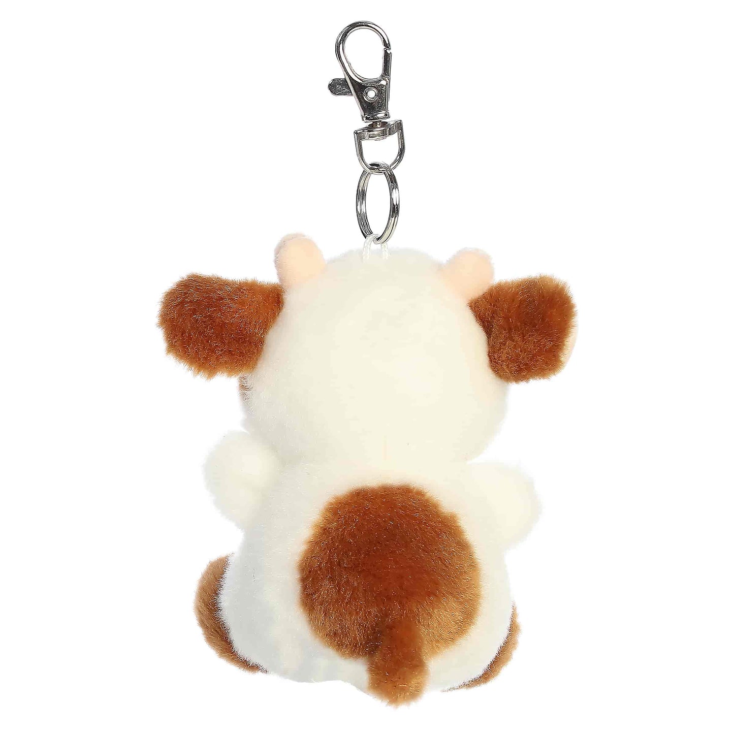Palm Pals Caroline Brown Cow Clip-On plush featuring soft brown and white fur, cute little horns, and a metal keychain clip.