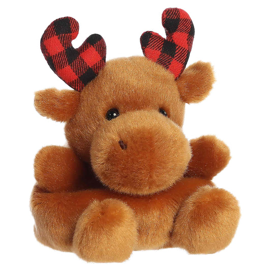 Palm Pals Clove Plaid Moose 4-inch brown plush featuring red and black buffalo plaid fabric antlers and rounded ears.