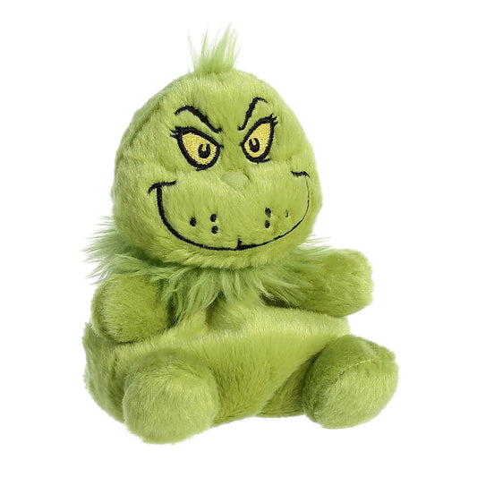 Angled view of Palm Pals Dr. Seuss The Grinch 5-inch plush soft toy