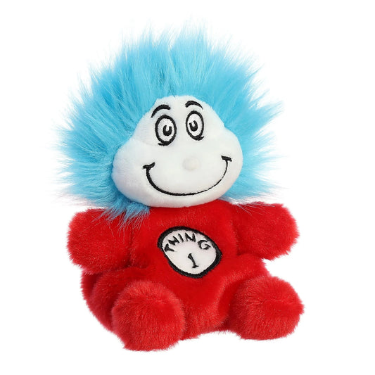 Angled view of Palm Pals Dr. Seuss Thing 1 5-inch plush soft toy