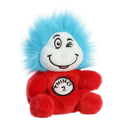 Angled view of Palm Pals Dr. Seuss Thing 2 5-inch plush soft toy