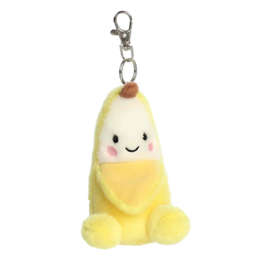 Angled view of Palm Pals Gwen Banana 4-inch clip-on plush soft toy