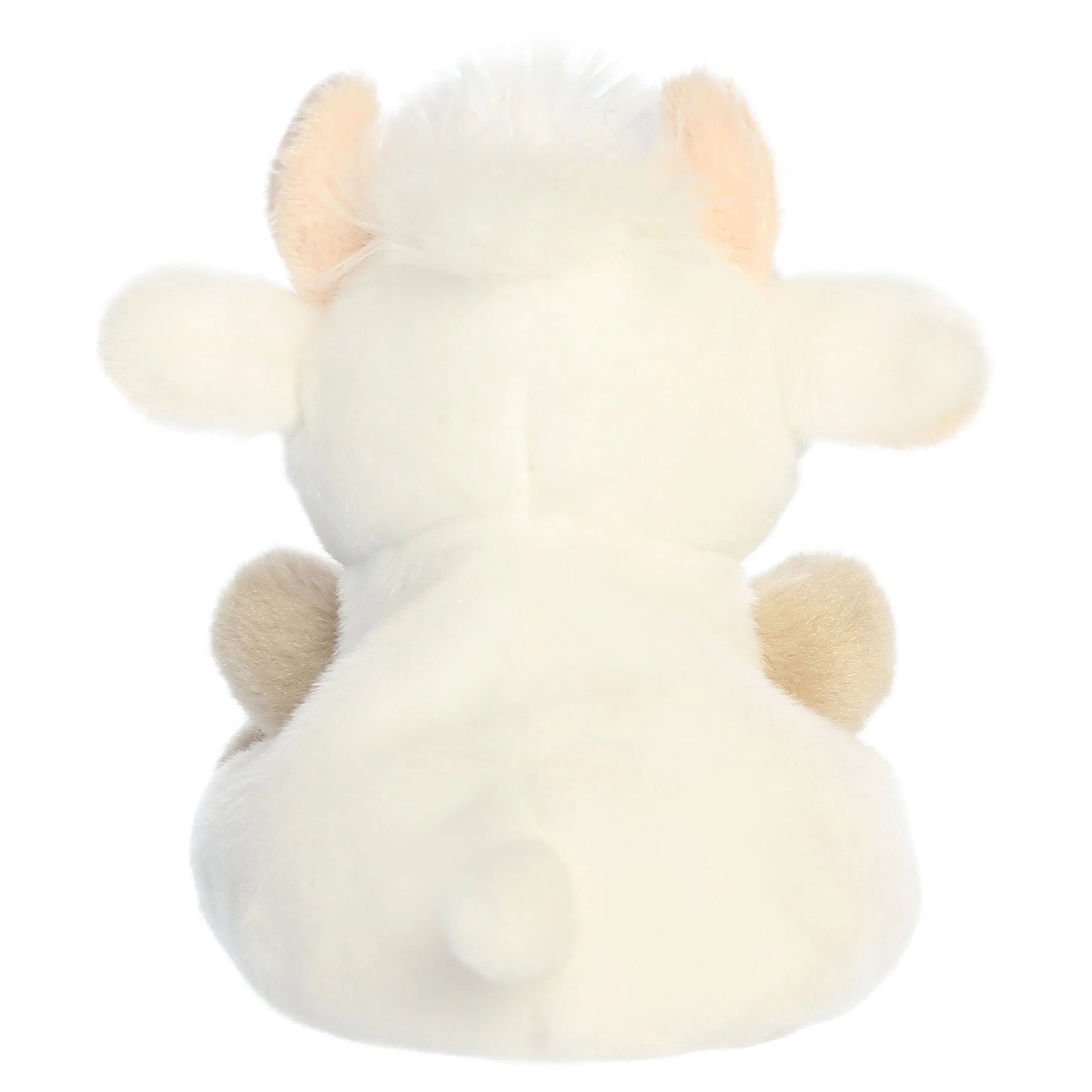 Palm Pals Halleigh Highland Cow mini plush featuring creamy white fur, a fluffy white hair tuft, tiny horns, and soft tan hooves.