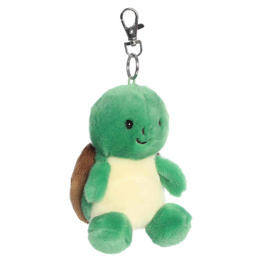 Palm Pals Honu Sea Turtle Clip-On plush featuring a soft green body, light yellow belly, and a metal keychain clip.