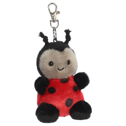 Palm Pals Lil Spots Ladybug mini plush clip-on featuring a bright red spotted shell, soft grey face, black antennae, and a metal clasp.