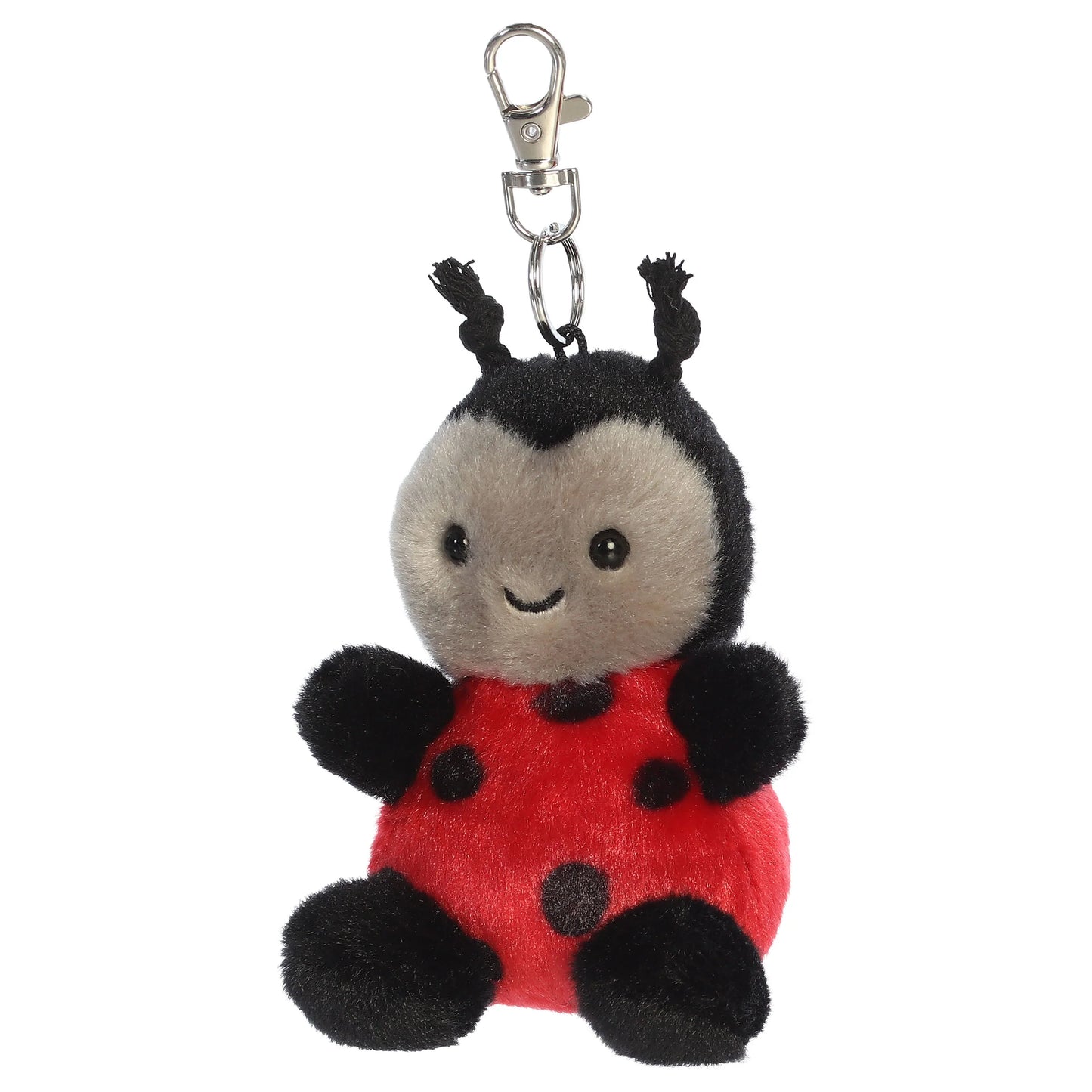 Palm Pals Lil Spots Ladybug mini plush clip-on featuring a bright red spotted shell, soft grey face, black antennae, and a metal clasp.