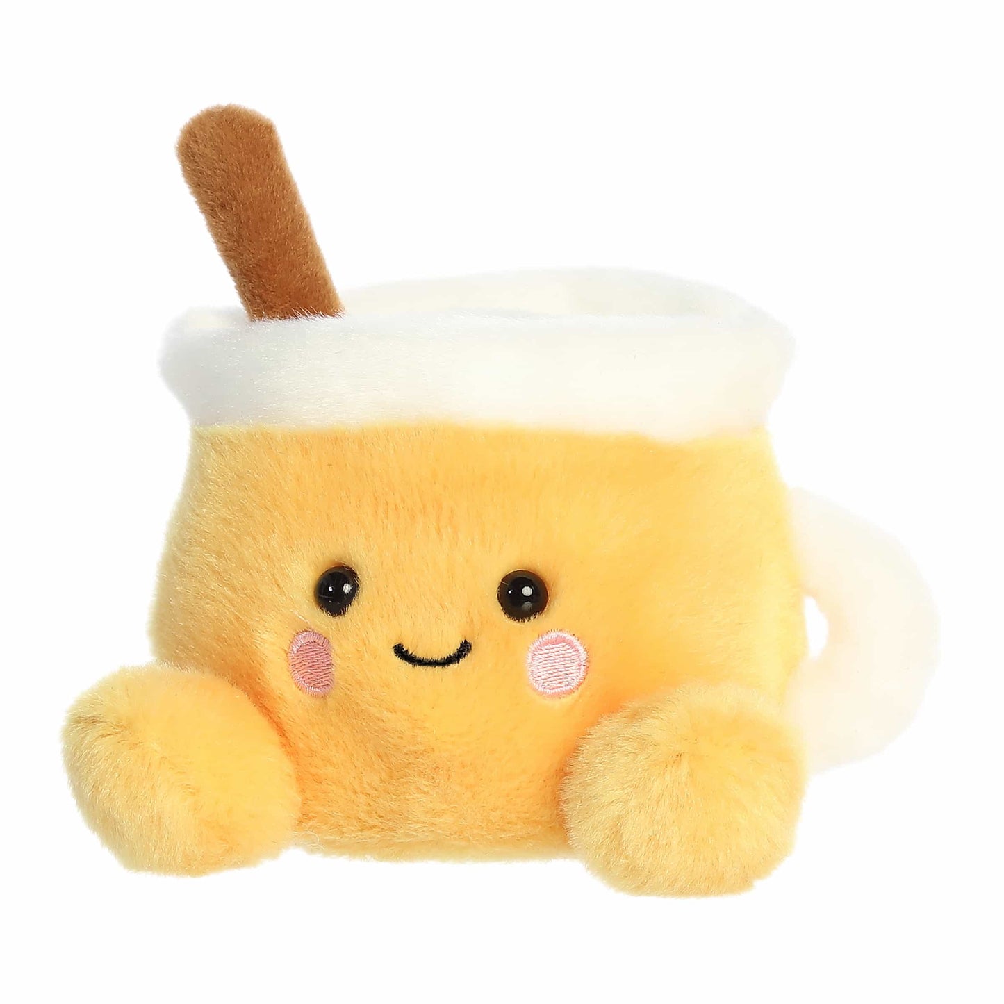 Palm Pals Mac Apple Cider 5-inch plush featuring a golden-yellow mug, plush cinnamon stick stick-out top, white rim, and rosy cheeks.
