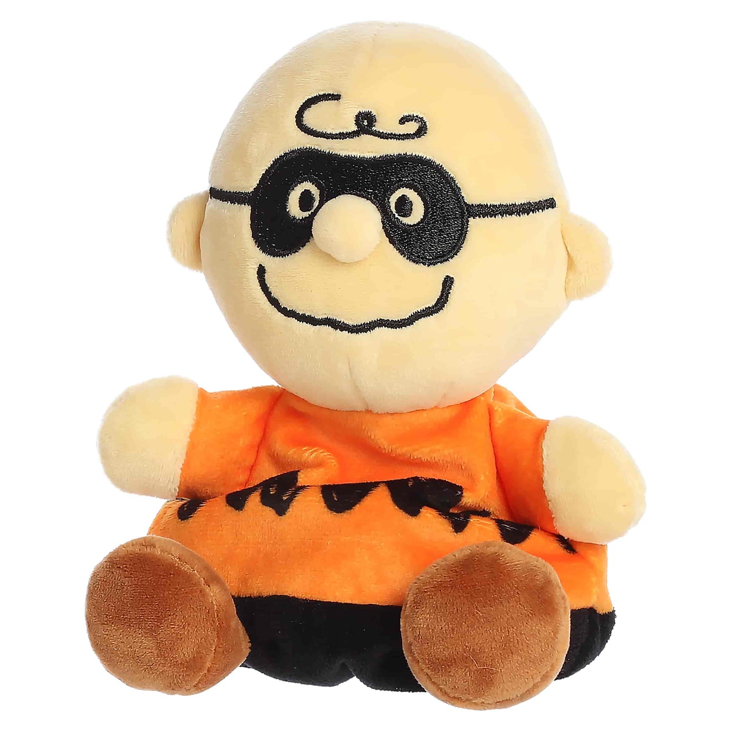 Palm Pals Masked Charlie Brown plush featuring an orange zig-zag shirt, black stitched domino eye mask, and brown shoes.