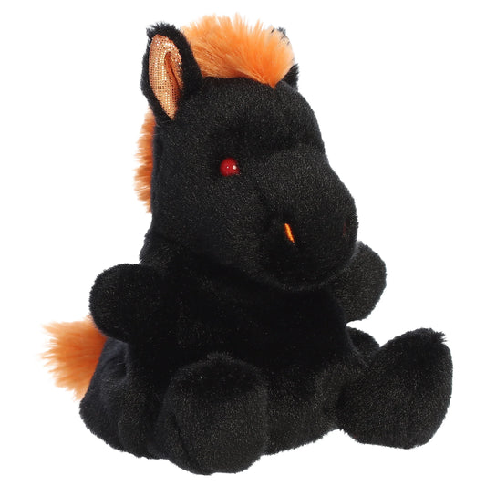 Palm Pals Nessus Nightmare plush toy in black with a fiery orange mane, tiny pointed ears, and deep-set red eyes.