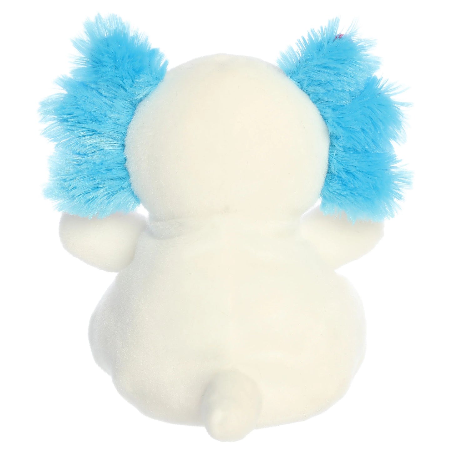 Palm Pals Party-Sized Jax Bluegill Axolotl plush toy with snowy white fur and vibrant magenta and blue gill frills