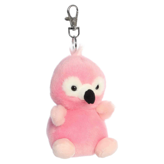 Palm Pals Pinky Flamingo Clip-On plush featuring vibrant pink fur, a sweet expression, and a metal keychain clip.