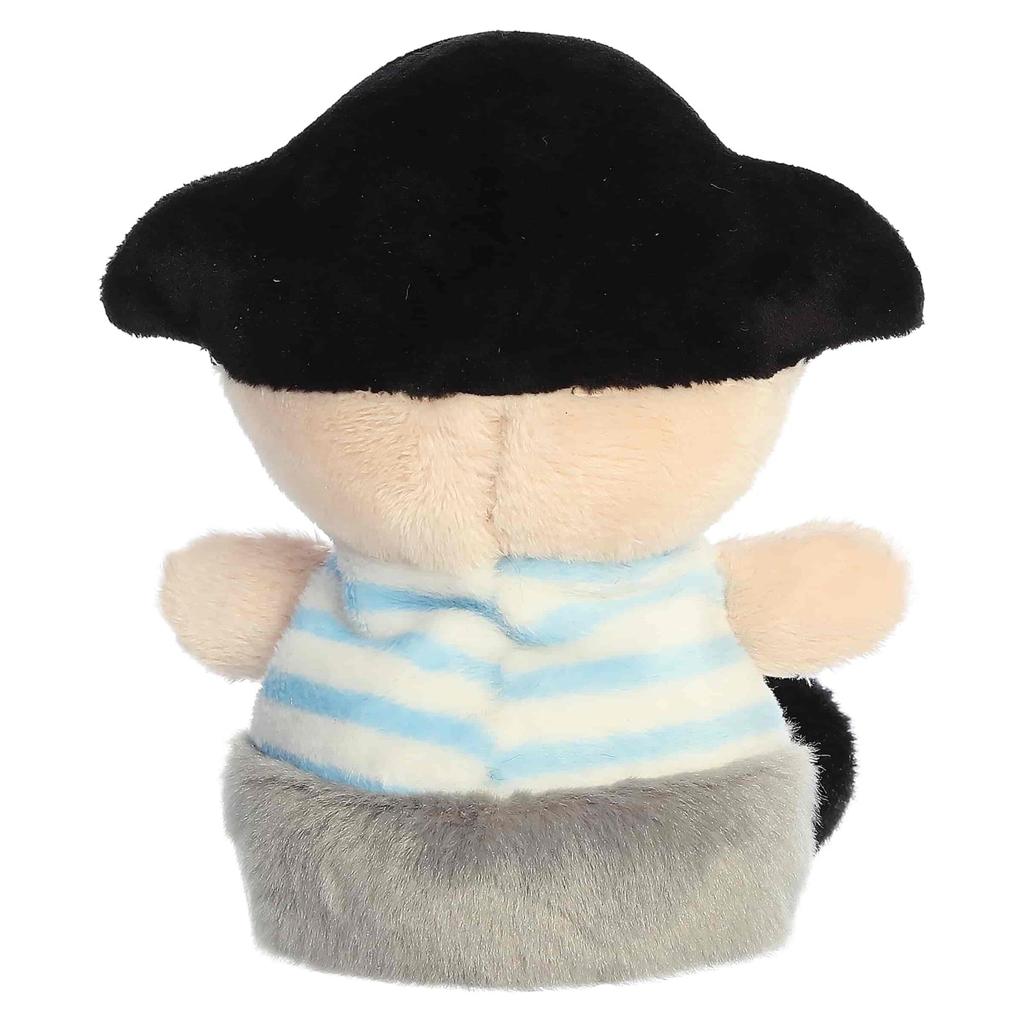 Palm Pals Planky The Pirate, a small plush pirate with rosy cheeks wearing a blue striped shirt, an eye patch, and a black pirate hat.