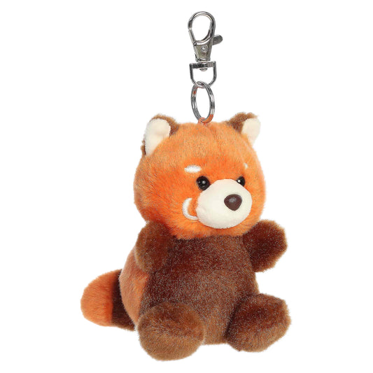Palm Pals Rei Red Panda Clip-On plush featuring a bold russet coat, fluffy ears, and a metal keychain clip.