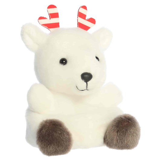 Palm Pals Rem Peppermint Reindeer 5-inch white plush featuring red-and-white striped peppermint antlers and brown hooves.