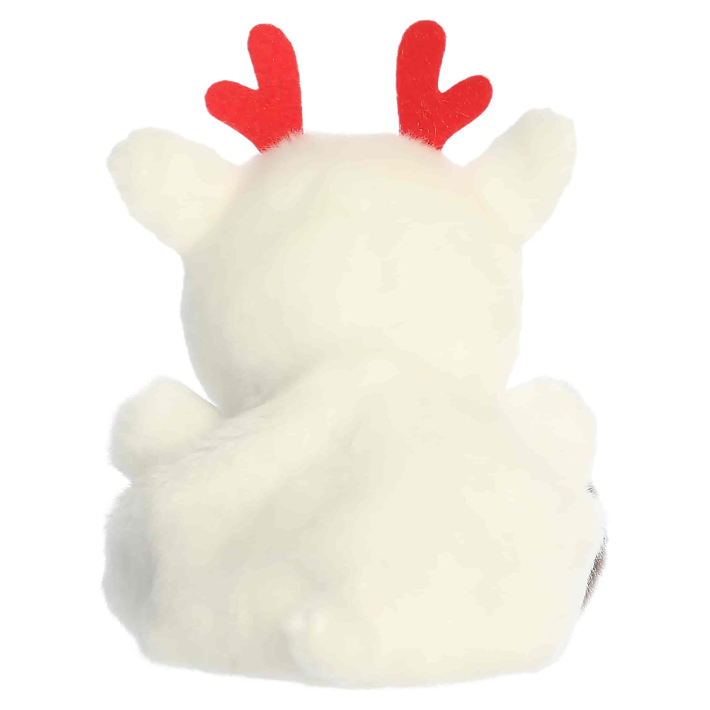 Palm Pals Rem Peppermint Reindeer 5-inch white plush featuring red-and-white striped peppermint antlers and brown hooves.