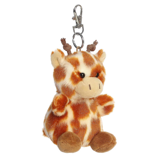 Palm Pals Safara Giraffe Clip-On plush featuring iconic brown spots, cute little horns, and a metal keychain clip.