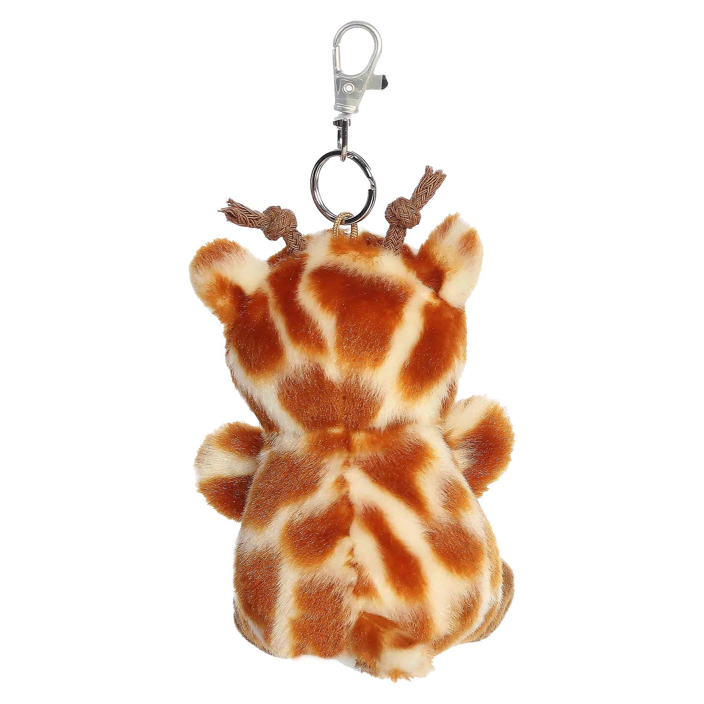 Palm Pals Safara Giraffe Clip-On plush featuring iconic brown spots, cute little horns, and a metal keychain clip.
