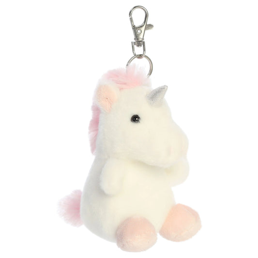Palm Pals Sassy Unicorn mini plush clip-on featuring snowy white fur, a shimmering silver horn, and a soft pink mane with a metal clasp.