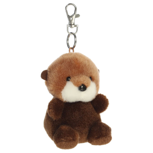 Palm Pals Selena Sea Otter mini plush clip-on featuring soft cocoa brown and cream fur with a silver metal clasp.