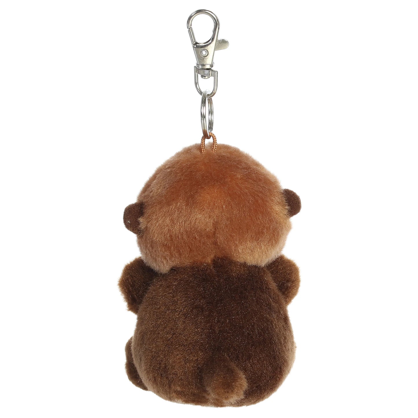 Palm Pals Selena Sea Otter mini plush clip-on featuring soft cocoa brown and cream fur with a silver metal clasp.
