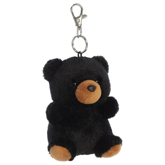 Palm Pals Sleepy Bear Clip-On plush toy featuring black fur, a tan muzzle, and a metal keychain clip.