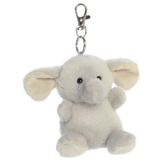 Palm Pals Stomps Elephant Clip-On plush toy featuring velvety grey fur, big floppy ears, and a metal keychain clip.
