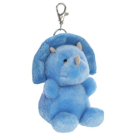 Palm Pals Tank Triceratops Clip-On plush toy featuring soft sky-blue fur, three grey horns, and a metal keychain clip.