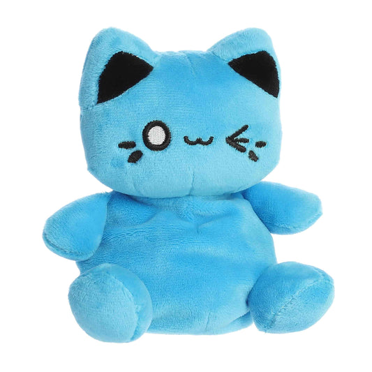 Angled view of Palm Pals Tasty Peach Electric Blue Meowchi 5-inch plush soft toy