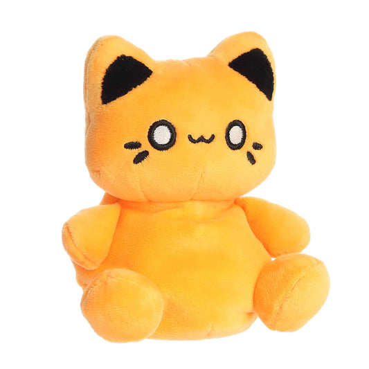 Angled view of Palm Pals Tasty Peach Kinetic Orange Meowchi 5-inch plush soft toy