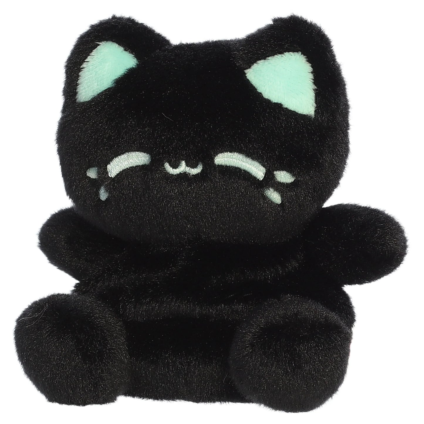 Palm Pals Tasty Peach Mint Black Out Meowchi plush toy with deep black fur, vibrant mint-green inner ears, and matching blushing cheeks