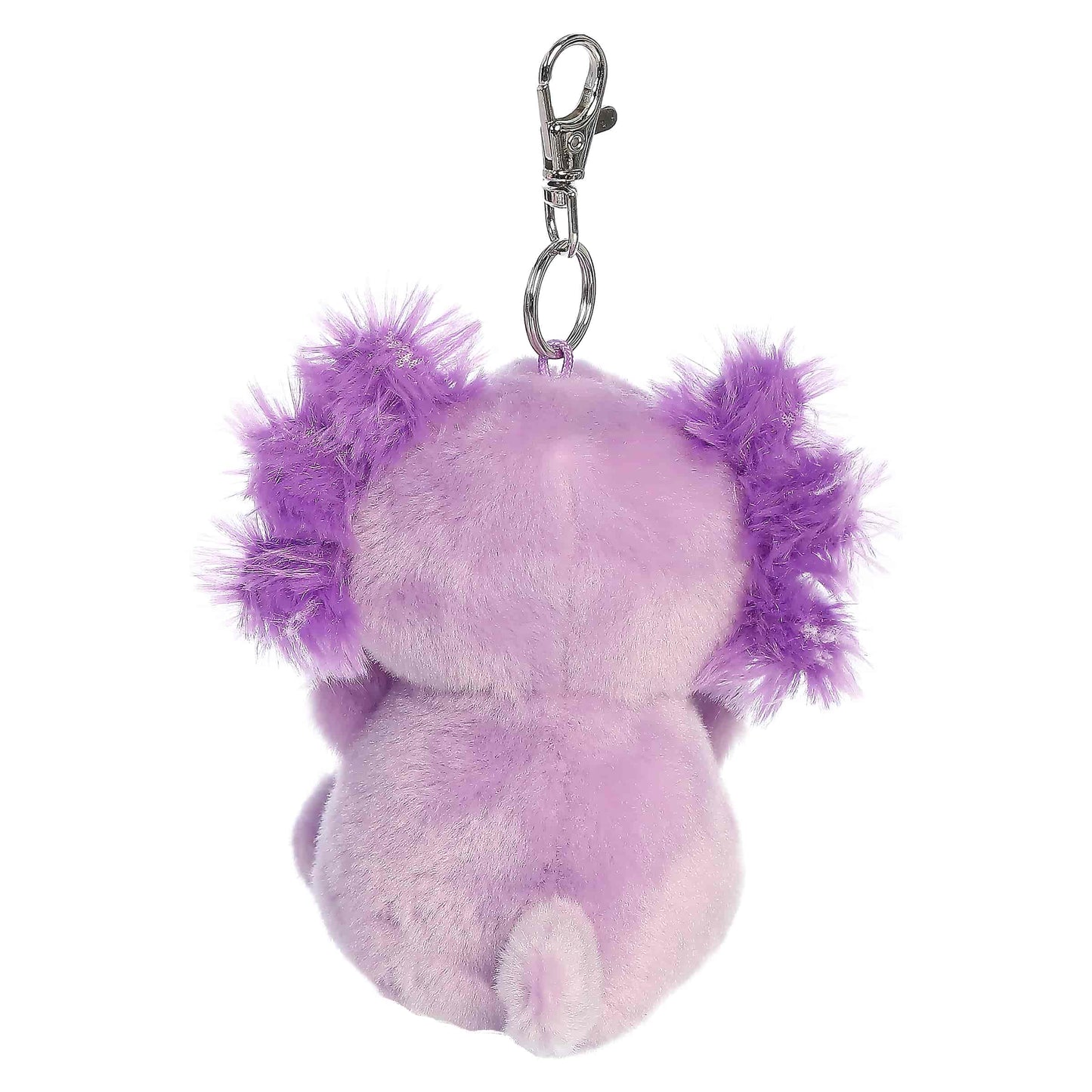 Palm Pals Xavier Purple Axolotl Clip-On plush featuring a vibrant purple body, pink gills, and a metal keychain clip.