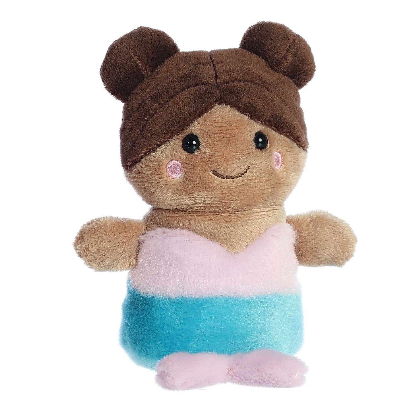 Palm Pals Oceana Mermaid Brunette Plush toy with brown hair and a pink and blue outfit on a white background