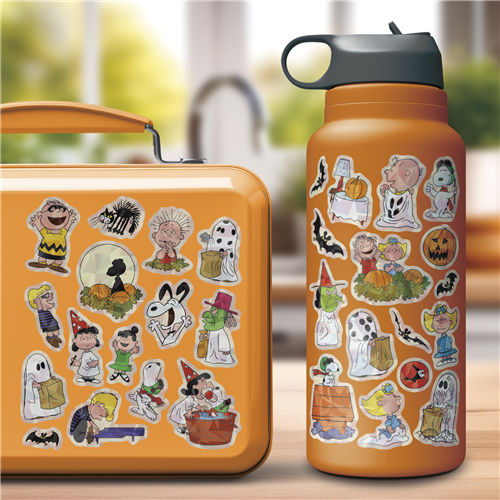 Sandylion Peanuts Halloween 4-sheet sticker pack featuring Charlie Brown, Snoopy, and friends in spooky costumes
