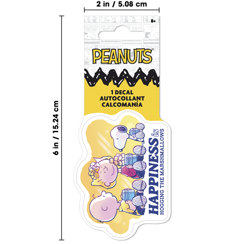 Peanuts decal packaging with Snoopy and Woodstock on a yellow background, showing dimensions.