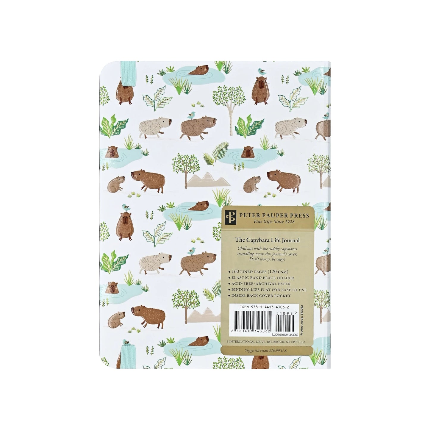 Peter Pauper Press 160-Page Capybara Life Journal, featuring a durable hardcover with an adorable capybara pattern, gold foil accents, and an elastic band