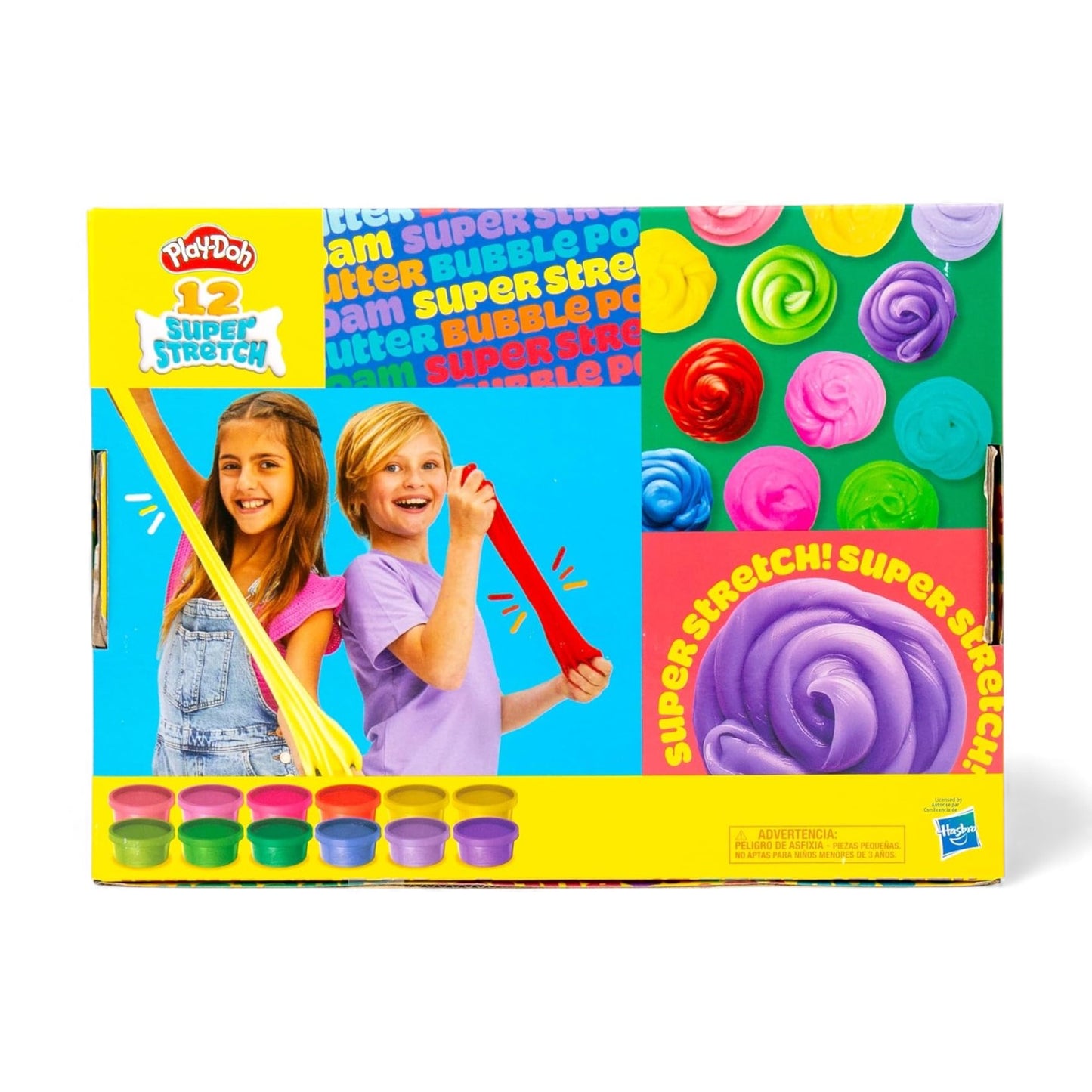 Play-Doh Super Stretch slime kit packaging with children and colorful slime display.