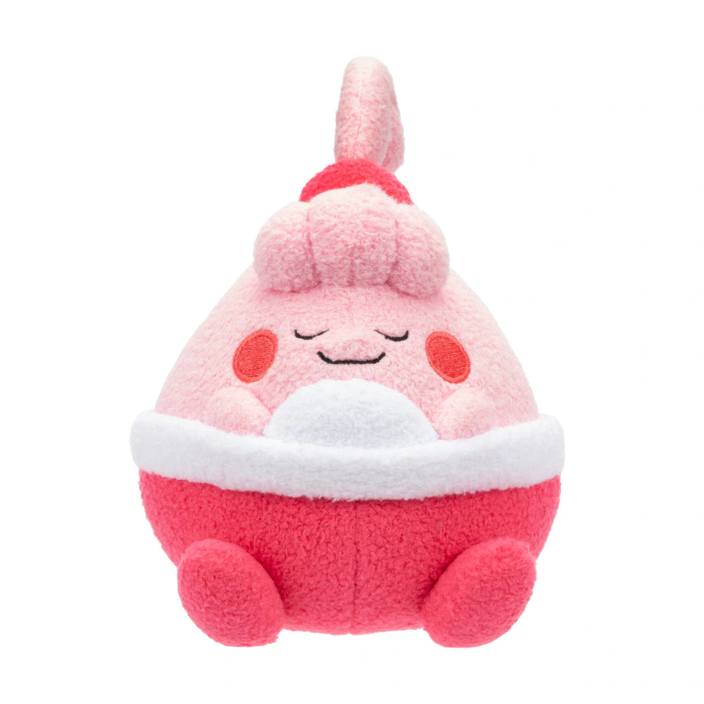 Product view of the Pokémon 5-Inch Sleeping Happiny Plush, featuring the pink Normal-type character in a peaceful sleeping pose.