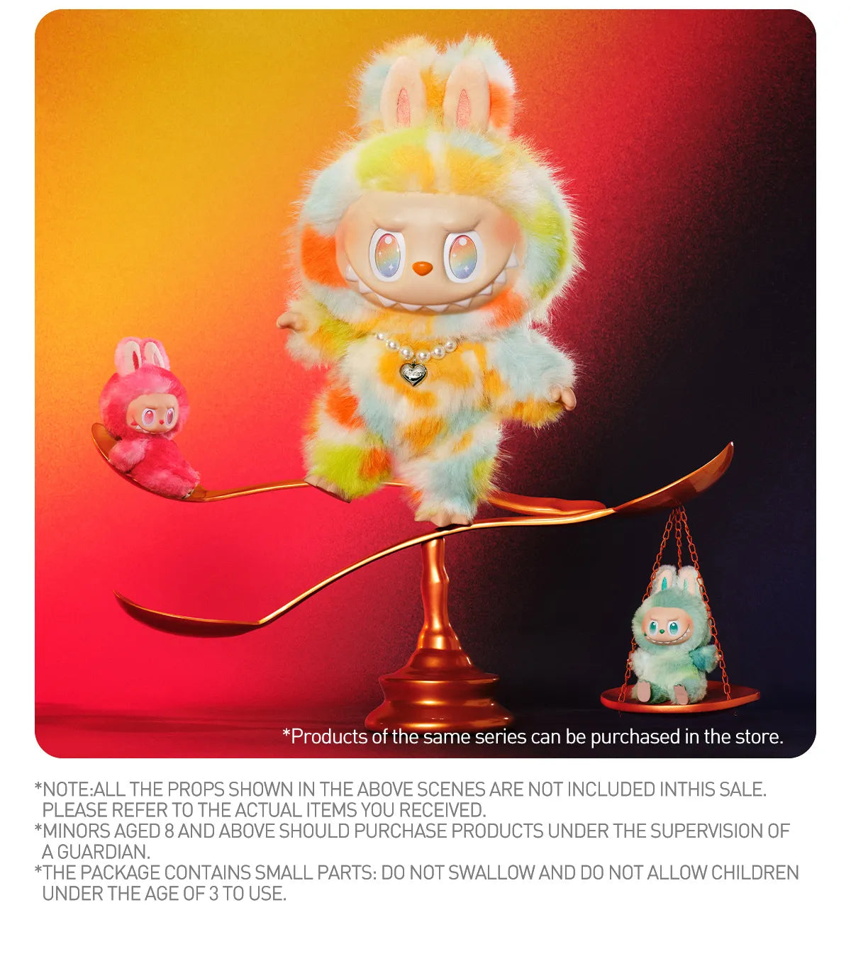 A product photo of the POP MART "Rock the Universe" Labubu, a large 14.57-inch vinyl plush doll with rainbow tie-dye fur and a pearl heart necklace.