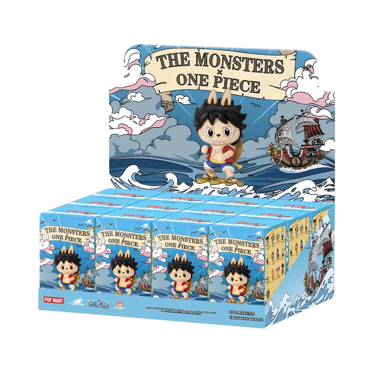 Box of 'The Monsters One Piece' figurines with character illustration on a blue background