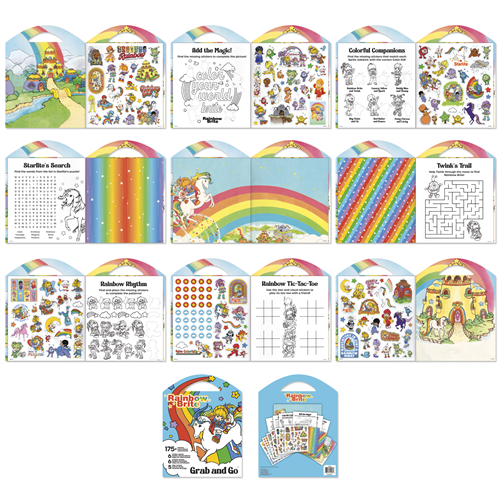 Rainbow Brite Grab and Go activity pad featuring sticker sheets, coloring pages, and play scenes with Starlite and the Color Kids