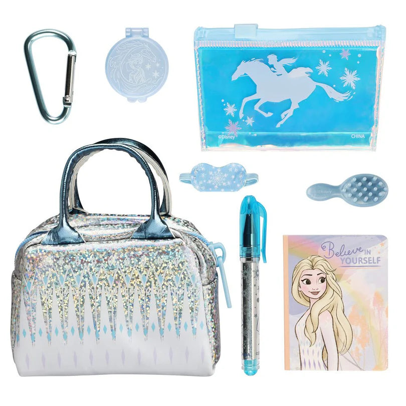 Six different styles of Real Littles Disney mini bags: Frozen glitter handbag