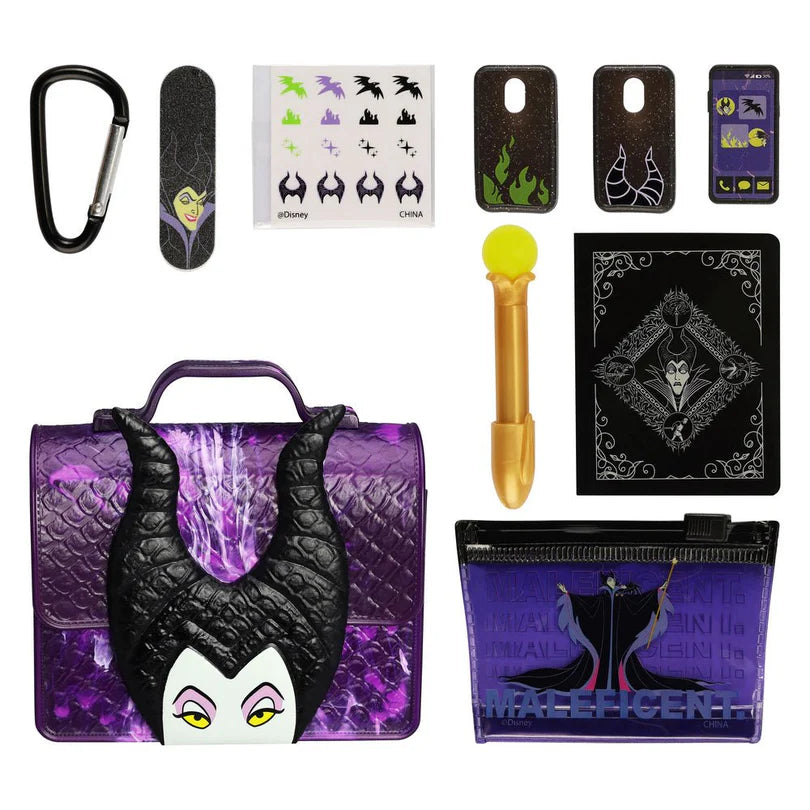 Collection of 'Maleficent' themed items including a bag, pouch, and accessories on a white background.