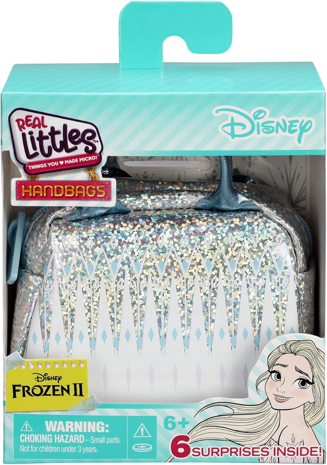 Six different styles of Real Littles Disney mini bags: Encanto butterfly backpack, Buzz Lightyear backpack, Rapunzel sun purse, Maleficent horned handbag, Tiana flower wallet, and Frozen glitter handbag