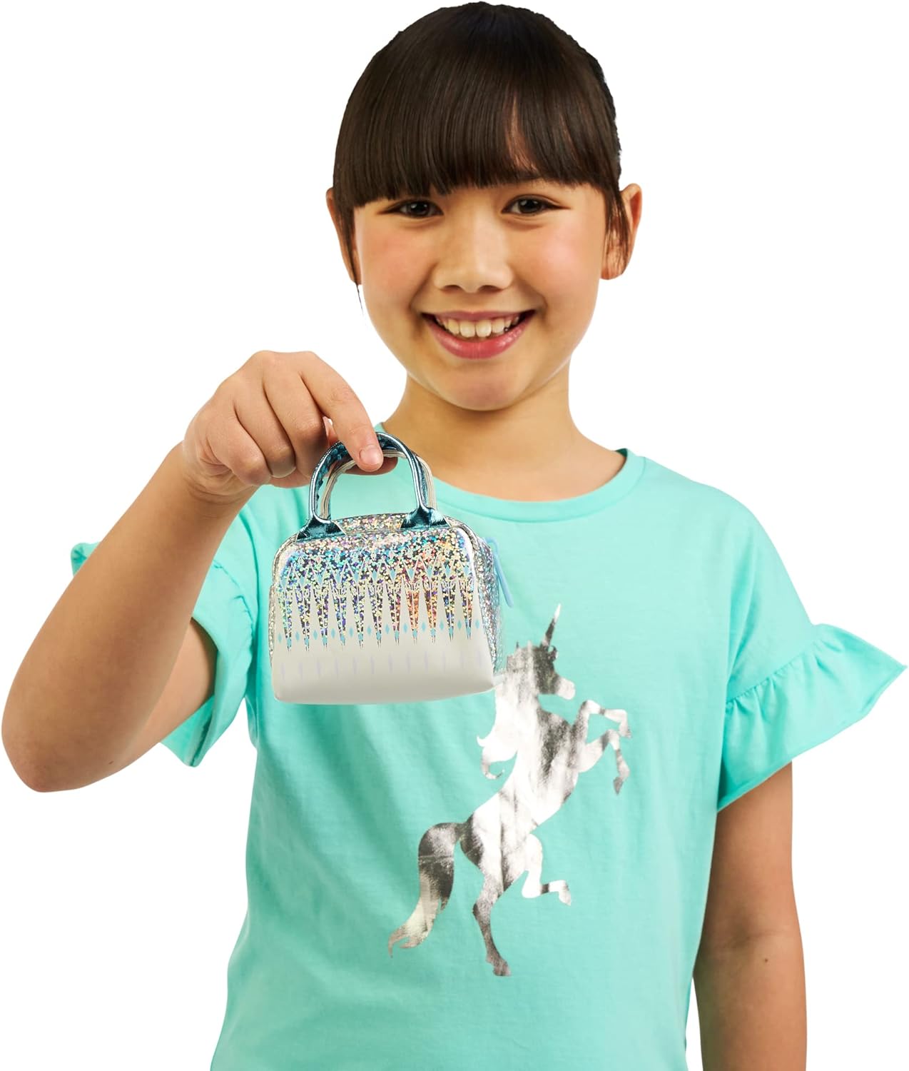 Girl Holding Six different styles of Real Littles Disney mini bags: Encanto butterfly backpack, Buzz Lightyear backpack, Rapunzel sun purse, Maleficent horned handbag, Tiana flower wallet, and Frozen glitter handbag