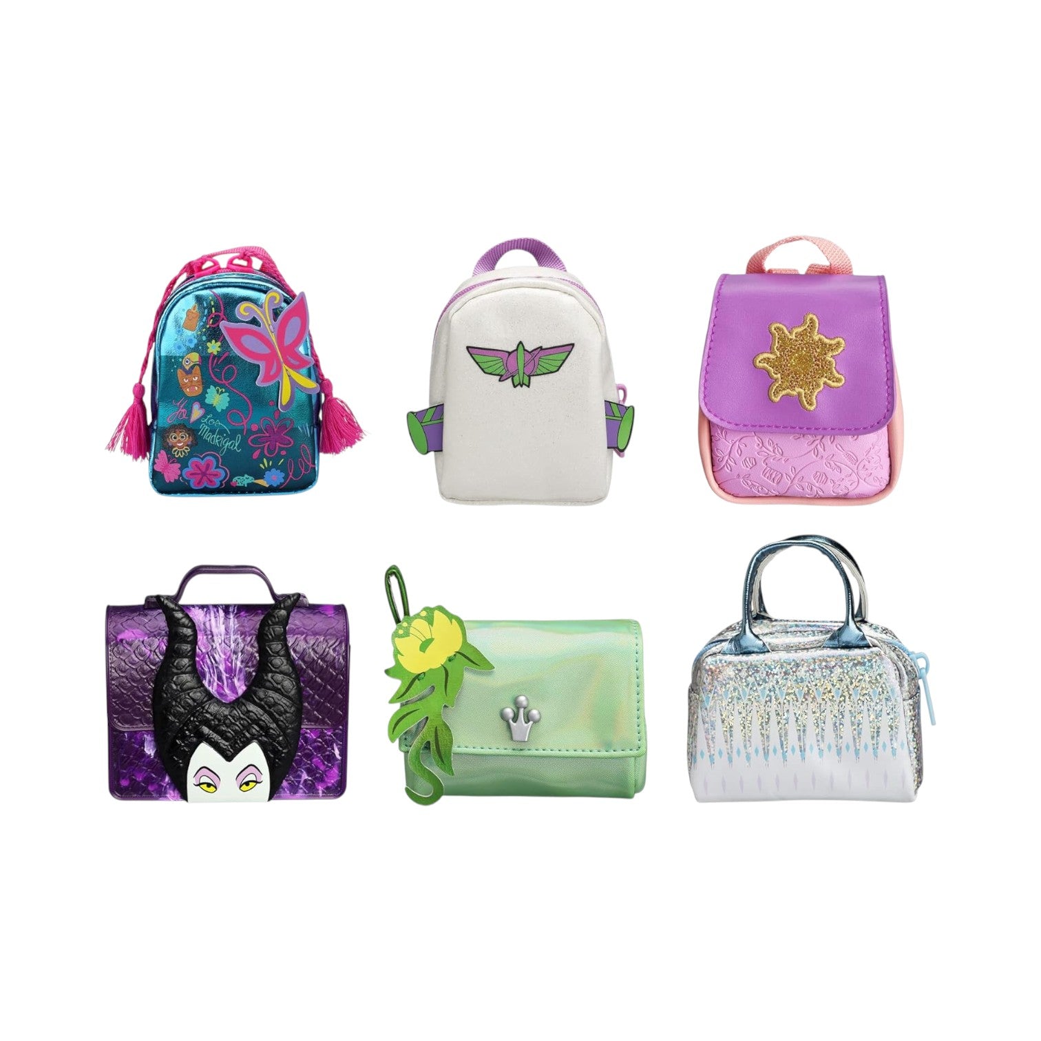 Collection of colorful children's backpacks and handbags on a white background