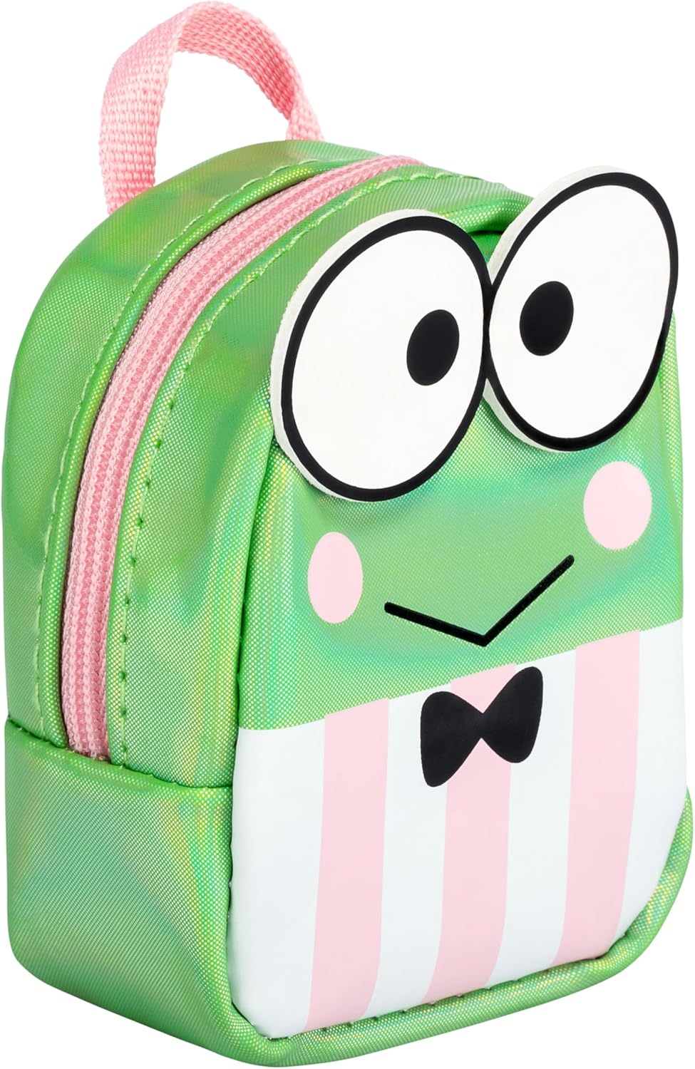 Green backpack with cartoon frog face design on a white background