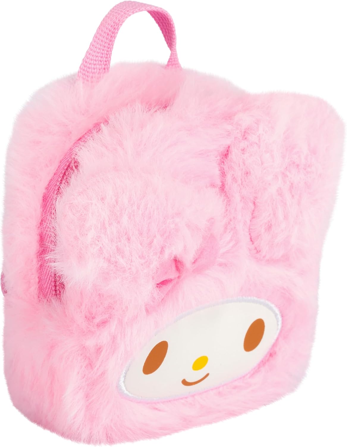 Pink plush backpack with a cartoon face on a white background