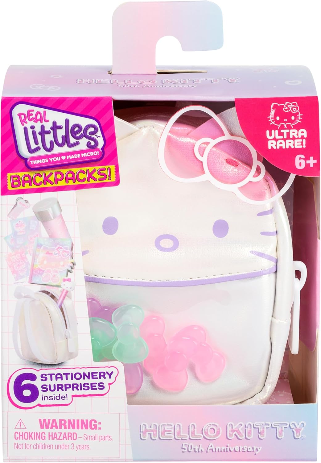 Hello Kitty backpack with stationery items in packaging, featuring 'Real Littles' branding.