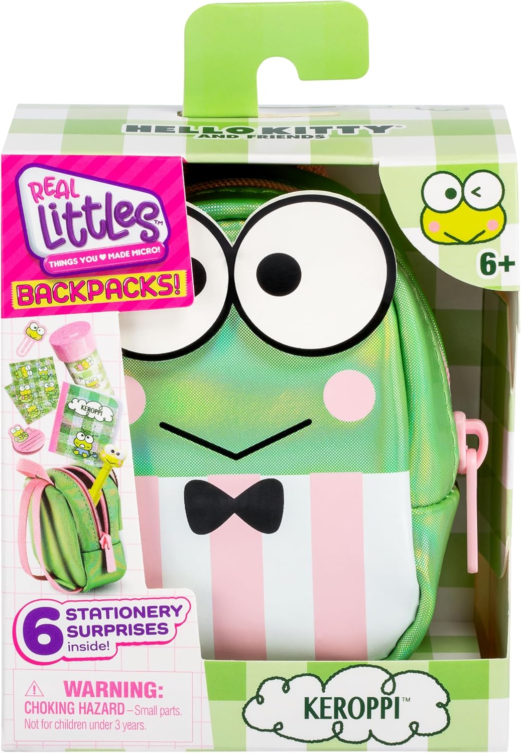 Packaged green backpack with cartoon face design, featuring Keroppi character, and 'Real Littles' branding.