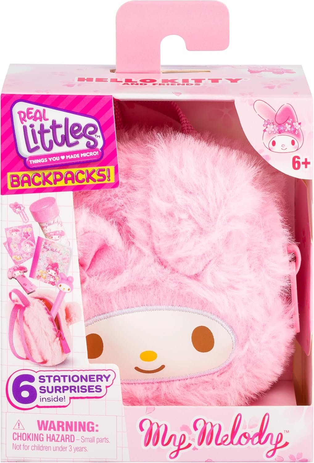 Pink backpack with My Melody design in packaging, featuring Real Littles branding.